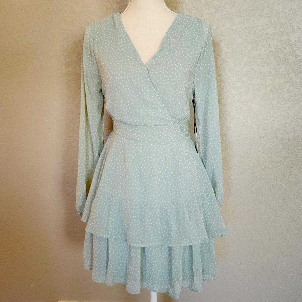 Japna Green Polka Dot Tiered Flounce Tie Back Dress EUC Size M